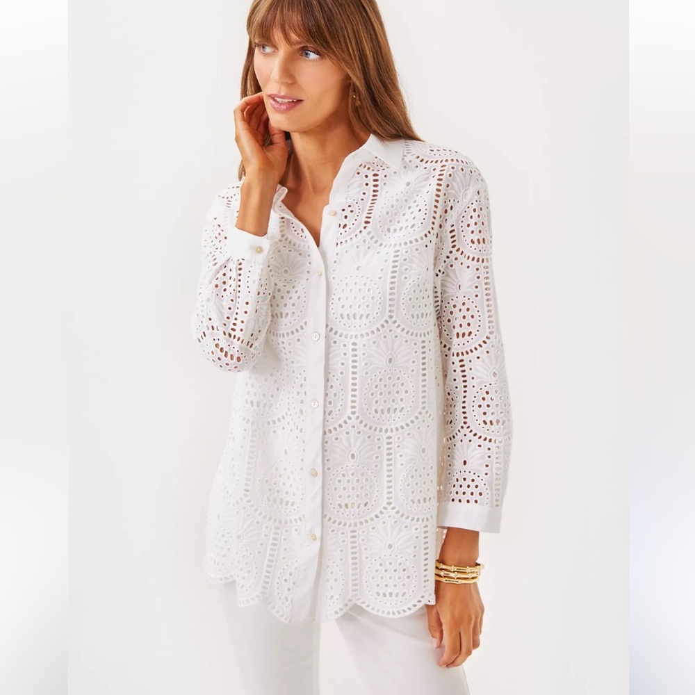 Lilly Pulitzer New Gracee  White Resort Pineapple Tile Eyelet Tunic Size Small